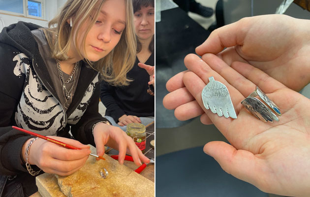 Studerande jobbar med silversmide-Löder en ring. Också en närbild av enen ring och halssmycke som är formade som vingar.