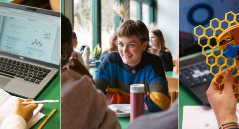 Tre bilder. Längst till vänster en datorskärm syns med formler. I mitten en leende studerande i matsalen. Till höger plastföremål som är 3-D printat. Det är gult.